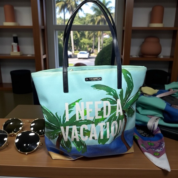 kate spade new york Handbags - Kate Spade "I Need A Vacation" Palm Tree Ocean Beach Print Bon Shopper Tote Bag